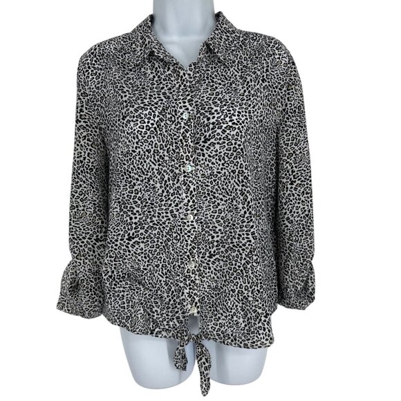 Chico's Leopard Print Button-Up Roll Tab Sleeve Tie Hem Blouse Womens Sz 1 US M - Picture 8 of 14